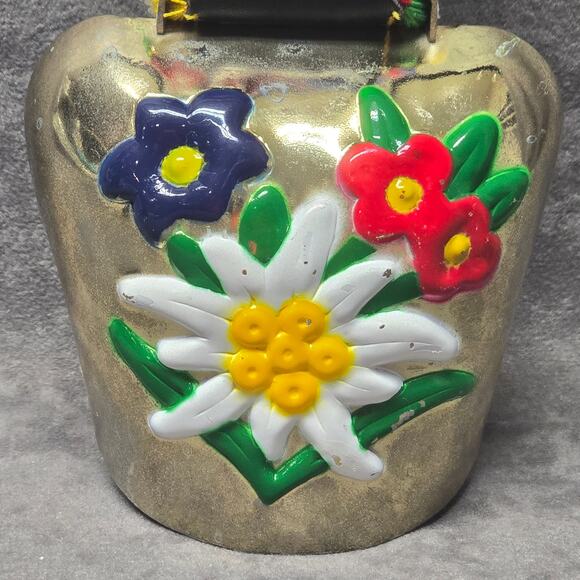 Hand Painted Floral Brass Cow Goat Sheep Bell Helen GA Embroidered Strap Collect - Picture 2 of 10